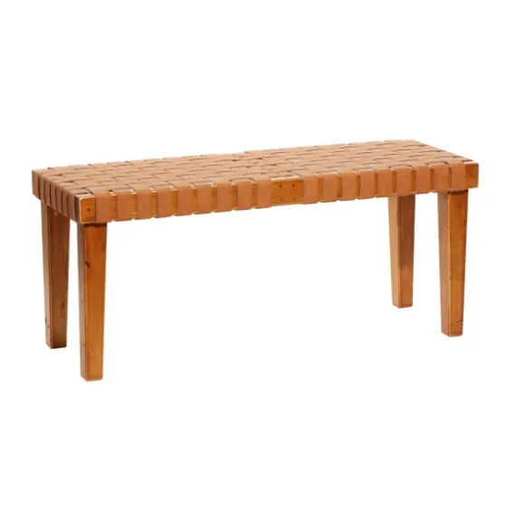 Woven Leather Textured Wood Bench-Kirkland's Home Clearance